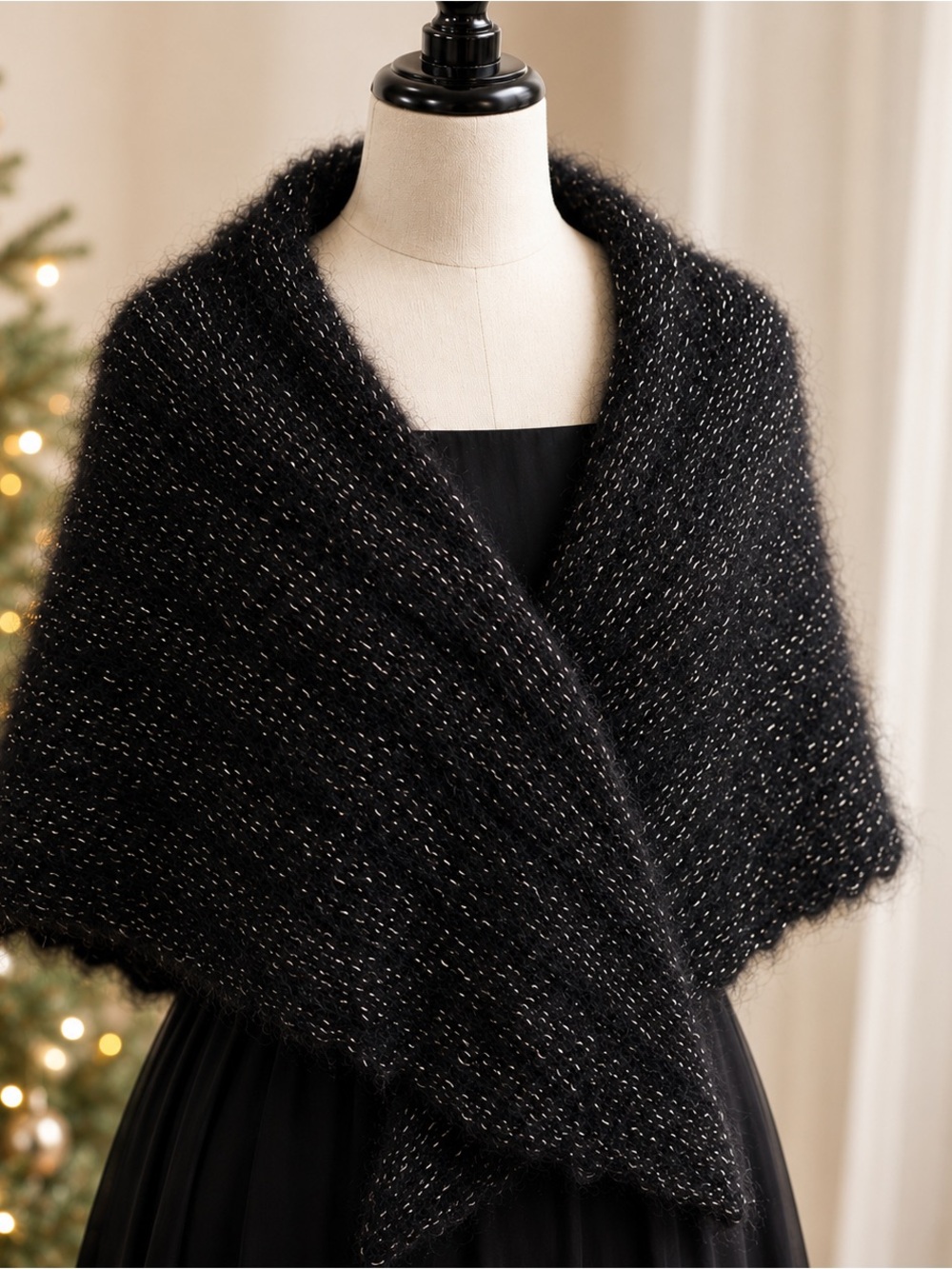 Vintage 1960s 1970s Hand Knit Black Evening Shawl Lined Silver Lurex Wrap